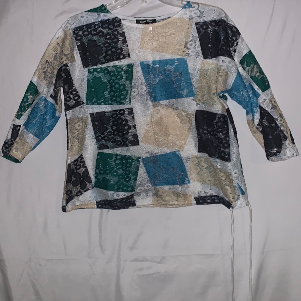 Jeune mere polyester XS multi colored flowered strap bottom long sleeve blouse.